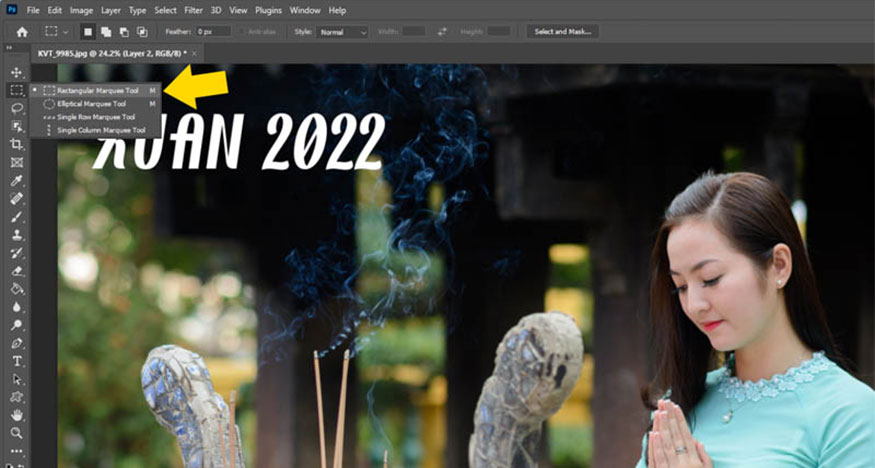 select the Rectangular Marquee Tool or you can press the shortcut M