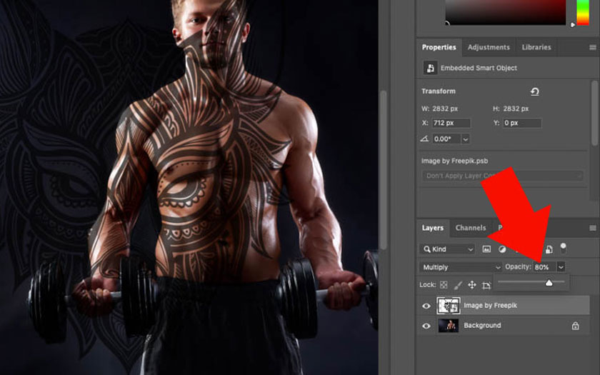 select a value of 80% to help the tattoo blend with the model's skin to make the tattoo more realistic