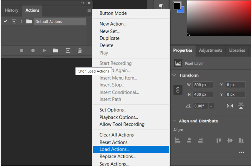 Click the down arrow in the Action panel and select Load Action.