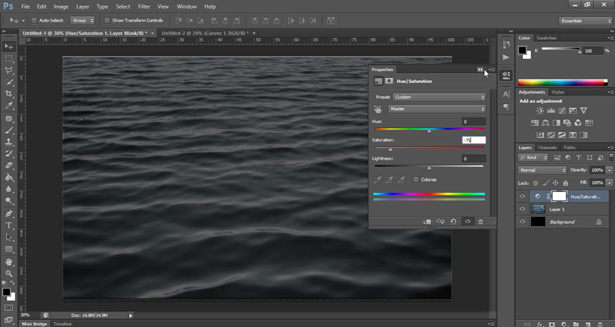 set Hue to 0, Saturation to -71, and Lightness to 0