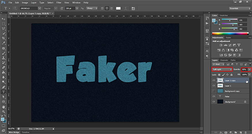 set the Blend Mode to Soft Light, reducing the Opacity to 50%