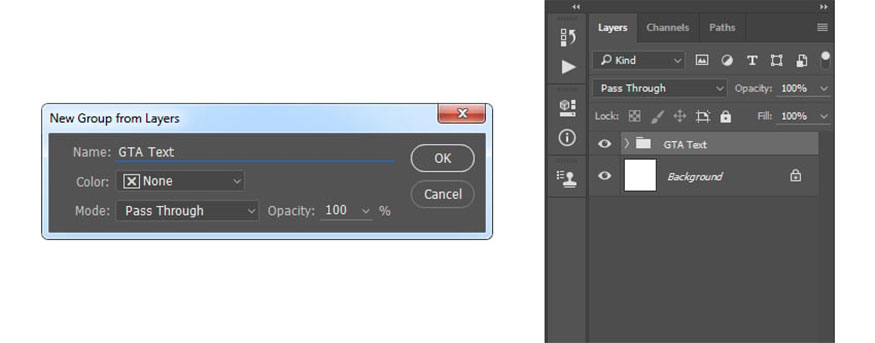 Group from Layers to create a new group from the selected layers, name them as “GTA Text”.