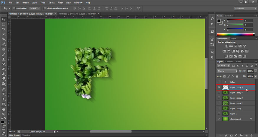 select all the layers related to the letter F and press Ctrl+E to combine.