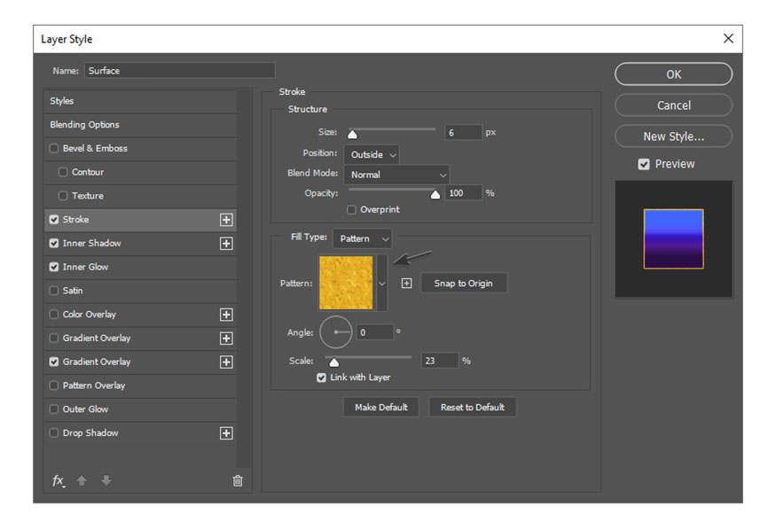 select Pattern and select the new defined pattern texture