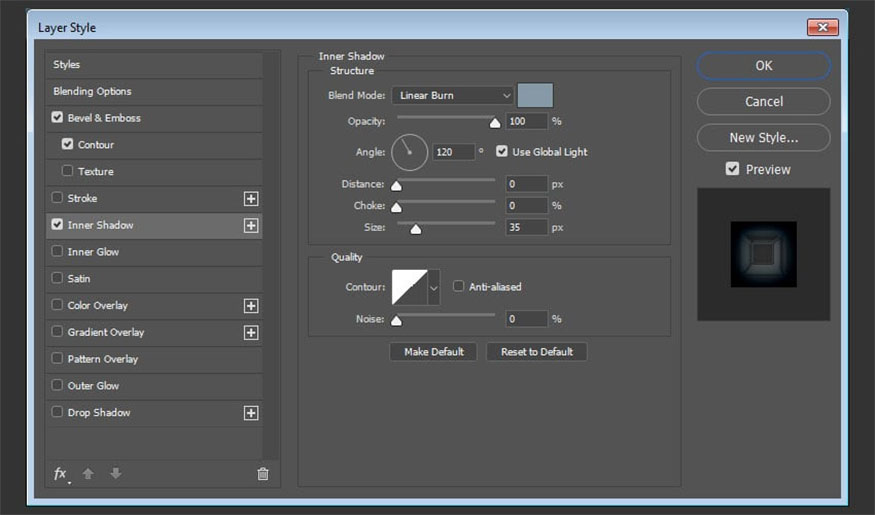 Add Inner Shadow and make the following settings: