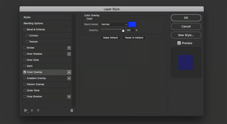 Double click on the Blue group and change the Color Overlay