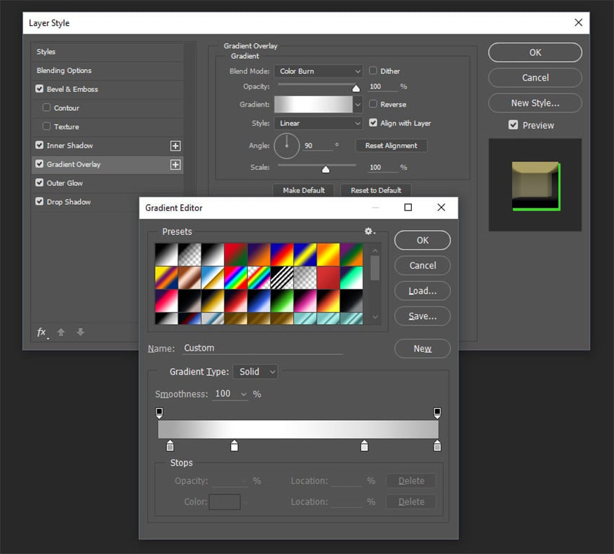 Add Gradient Overlay and make the following settings: